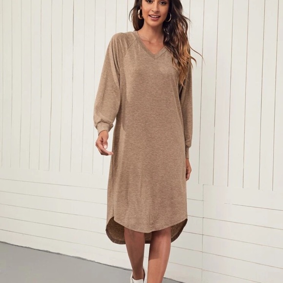 Marled V-neck Long Sleeve Tan Dress - Picture 2 of 5